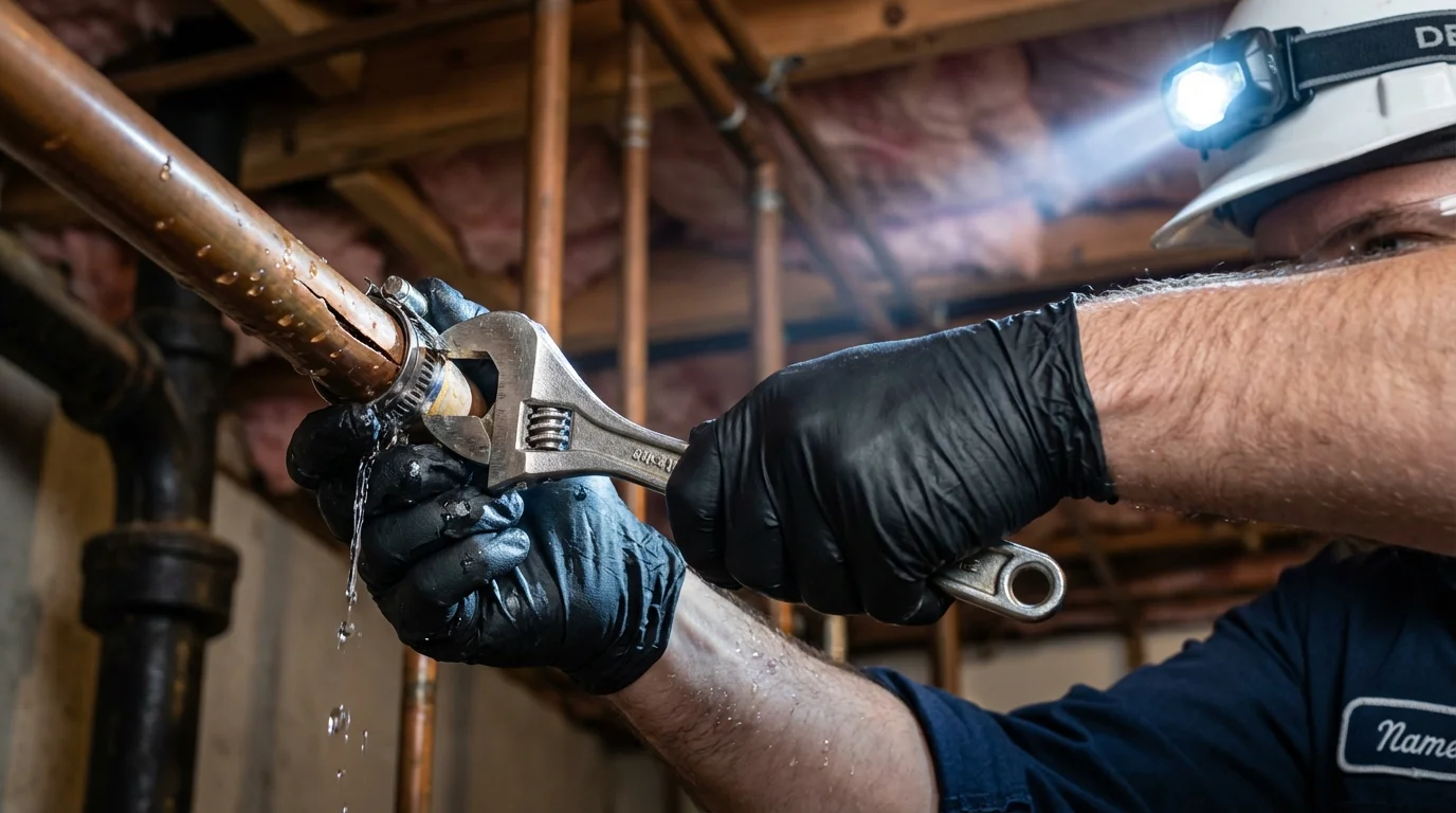 Emergency pipe clamp repair being performed by a Johns Plumbing LLC plumber in Radford