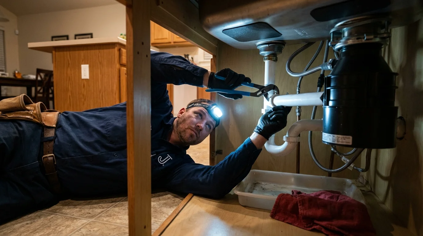 P-trap and supply line connections under a kitchen sink showing a common leak point in Radford, VA